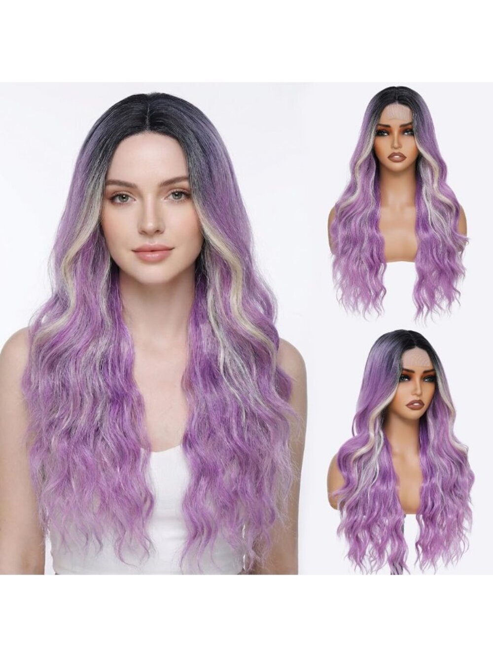 Women's Omber Purple 26 Inch Charming Middle Part Heat Resistant Fiber Wigs